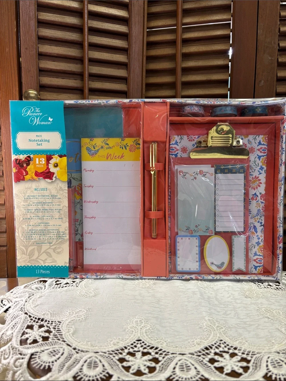 The Pioneer Woman Coral Floral Home Office Notetaking Set with Gold Accent Pen
